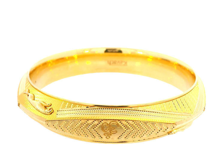 22k Gold Yellow Finish Bangle with Embossed Detailing and Decorative Motif