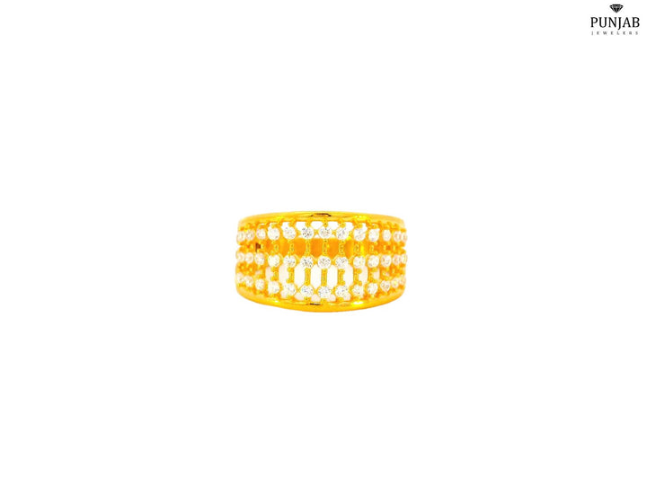 22K Yellow Gold Wide Band Ring with Triple Row Cubic Zirconia Accents