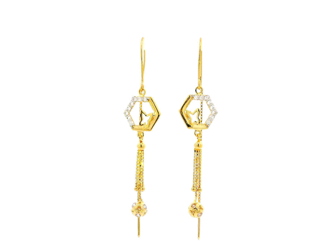 22k Gold Hexagonal Hanging Earrings with Cubic Zirconia Accents