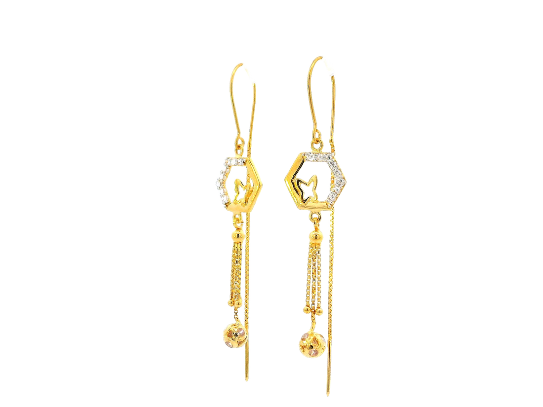 22k Gold Hexagonal Hanging Earrings with Cubic Zirconia Accents