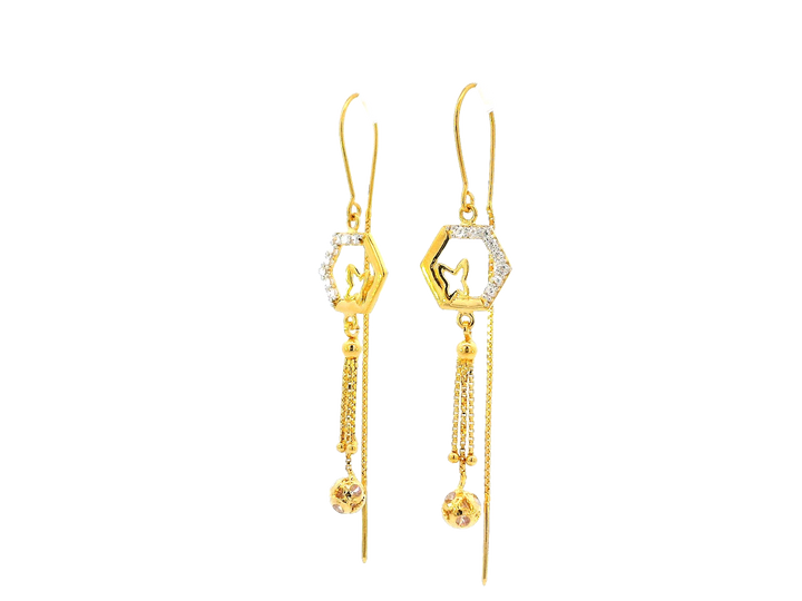 22k Gold Hexagonal Hanging Earrings with Cubic Zirconia Accents