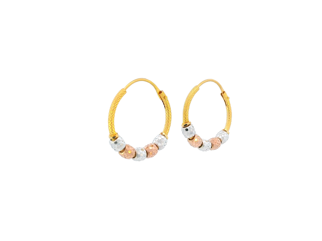 22K Yellow, White & Rose Gold Hoop Earrings with Faceted Beads