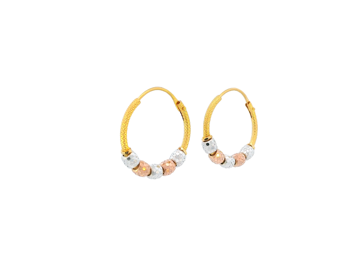 22K Yellow, White & Rose Gold Hoop Earrings with Faceted Beads
