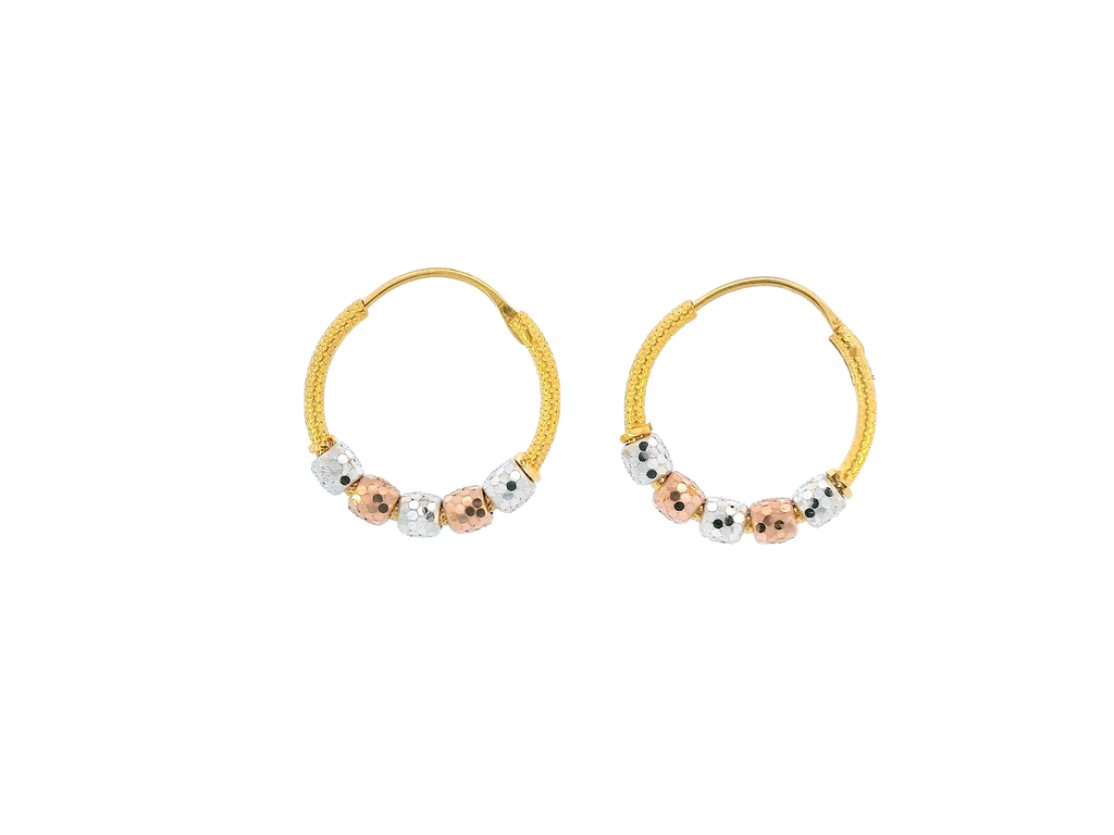 22K Yellow, White & Rose Gold Hoop Earrings with Faceted Beads