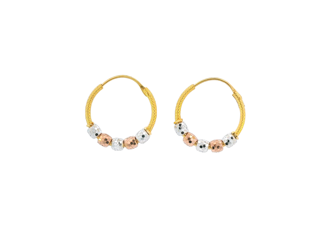 22K Yellow, White & Rose Gold Hoop Earrings with Faceted Beads