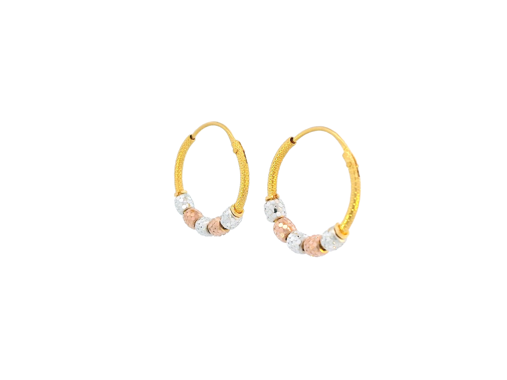 22K Yellow, White & Rose Gold Hoop Earrings with Faceted Beads