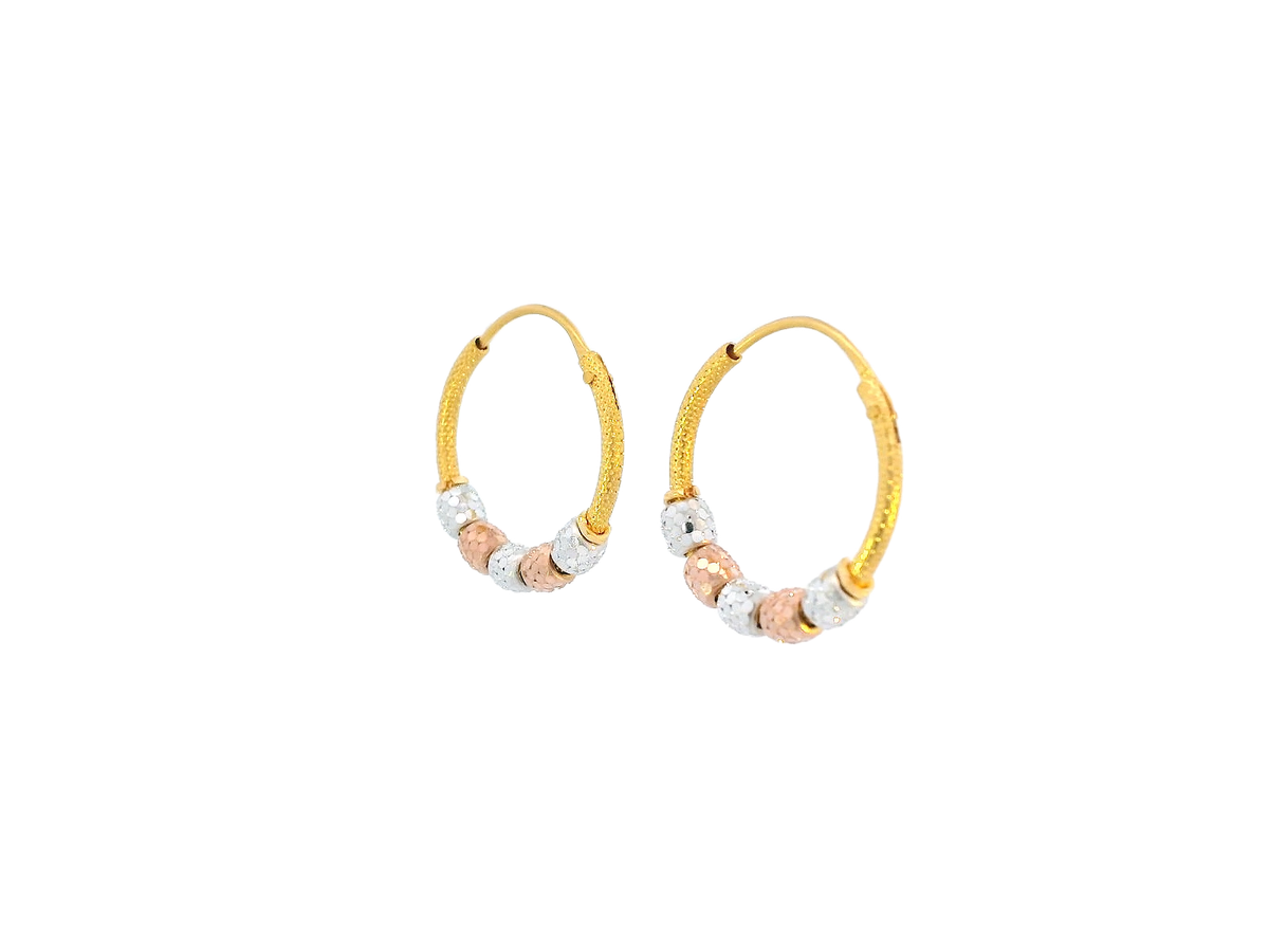 22K Yellow, White & Rose Gold Hoop Earrings with Faceted Beads