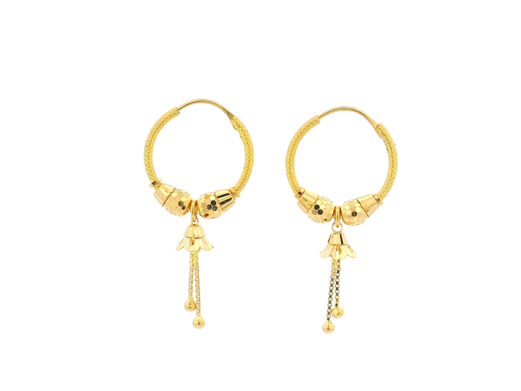 22K Yellow Gold Hoop Earrings with Floral Drop Charms