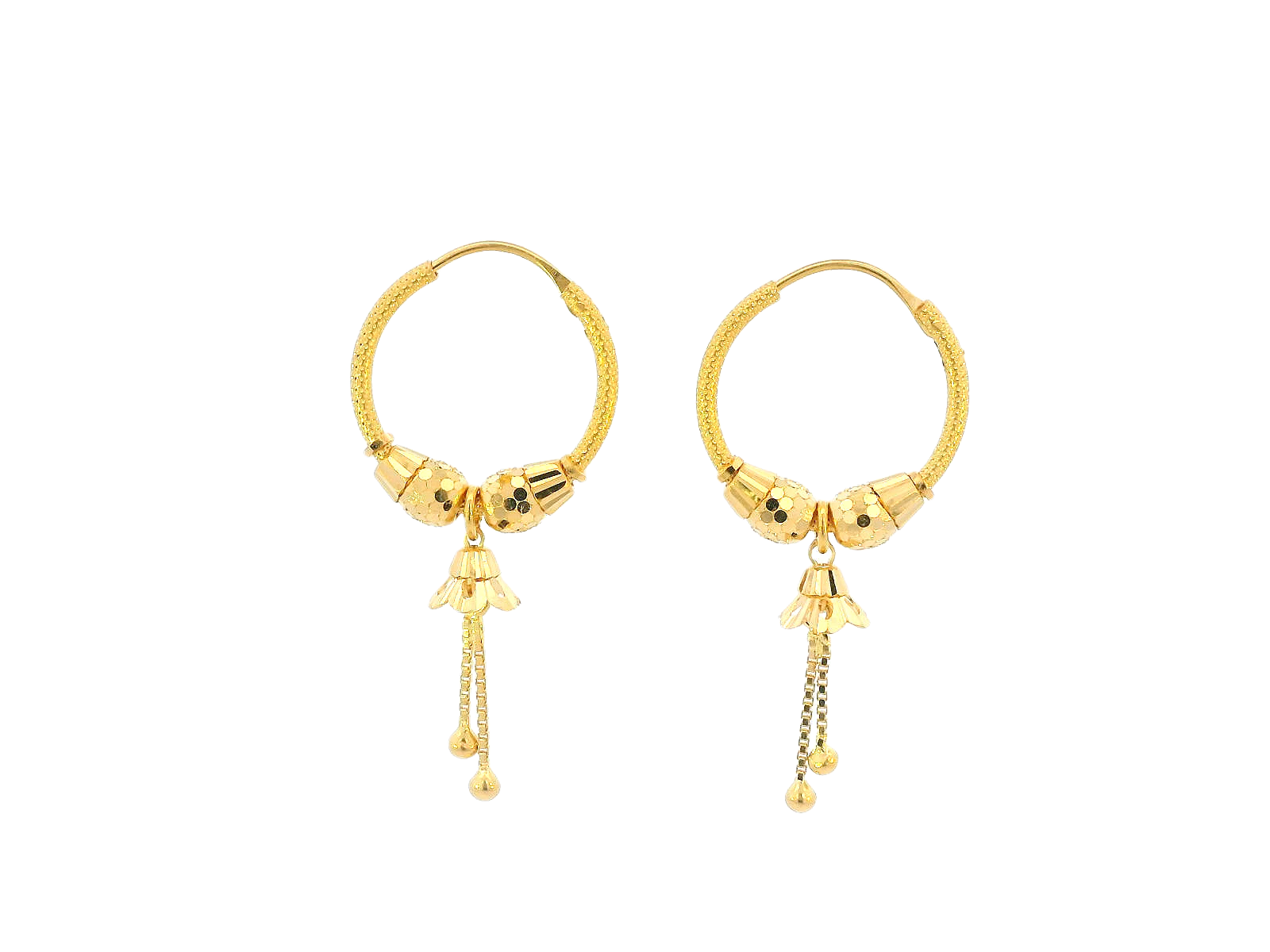 22K Yellow Gold Hoop Earrings with Floral Drop Charms