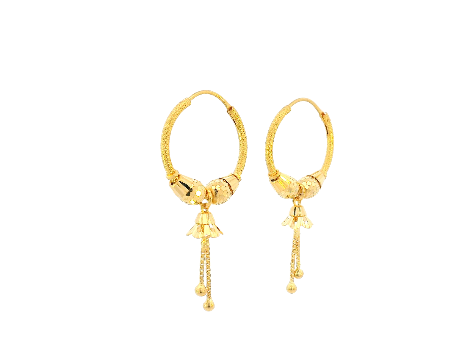 22K Yellow Gold Hoop Earrings with Floral Drop Charms