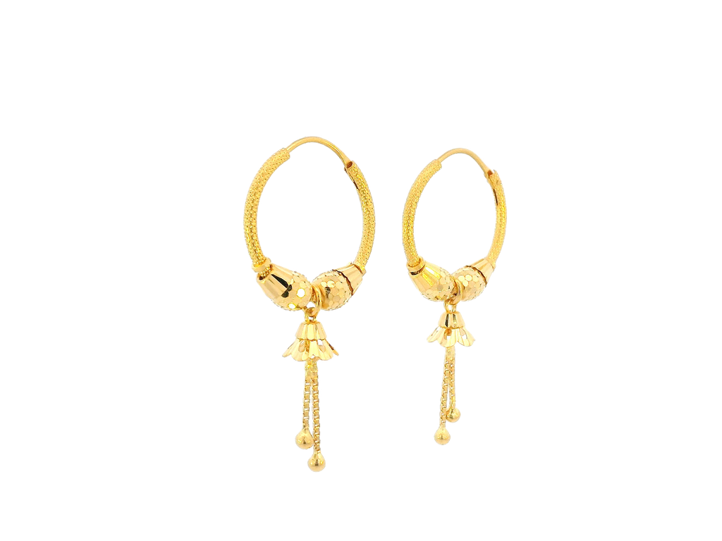 22K Yellow Gold Hoop Earrings with Floral Drop Charms