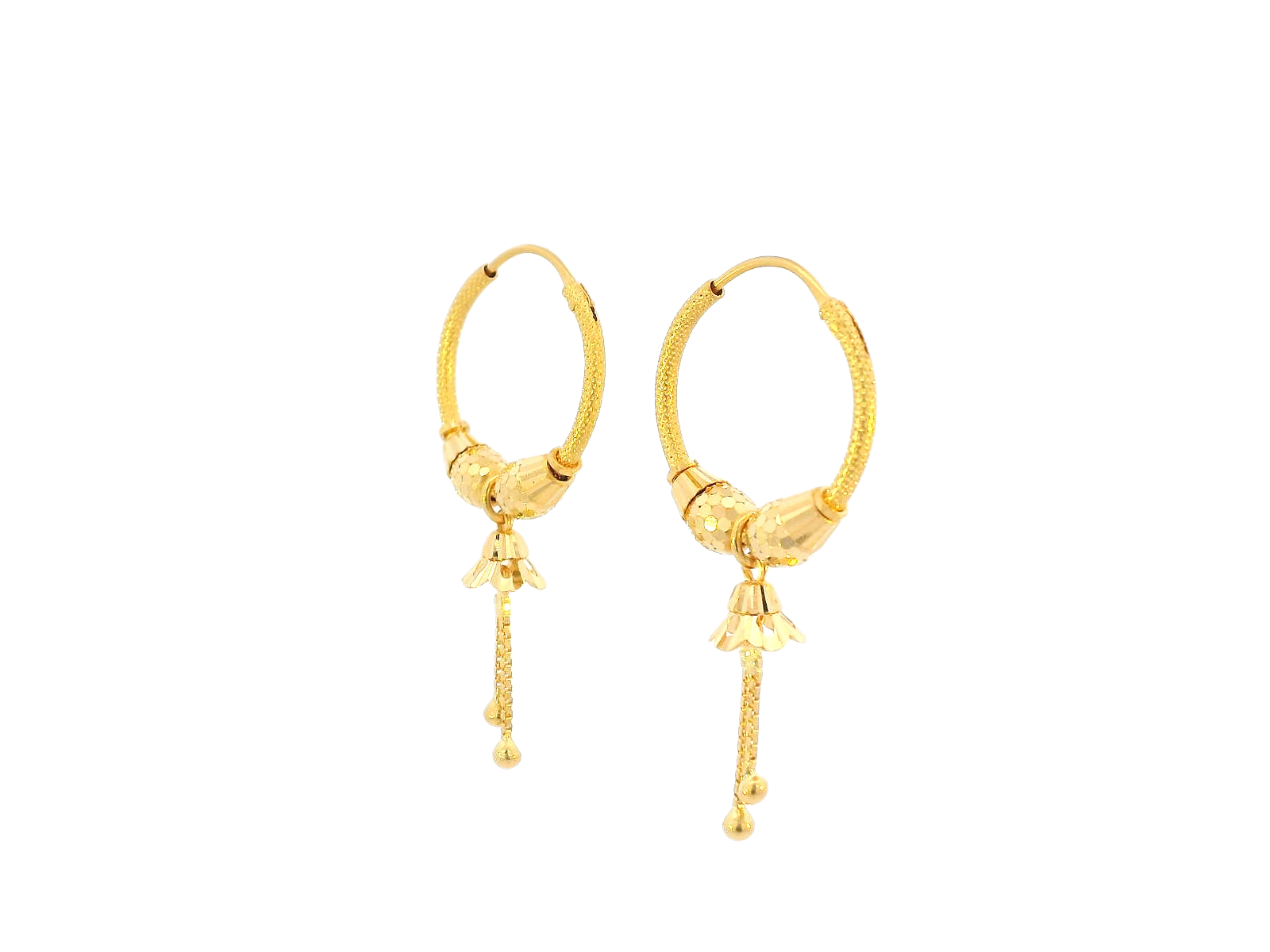 22K Yellow Gold Hoop Earrings with Floral Drop Charms