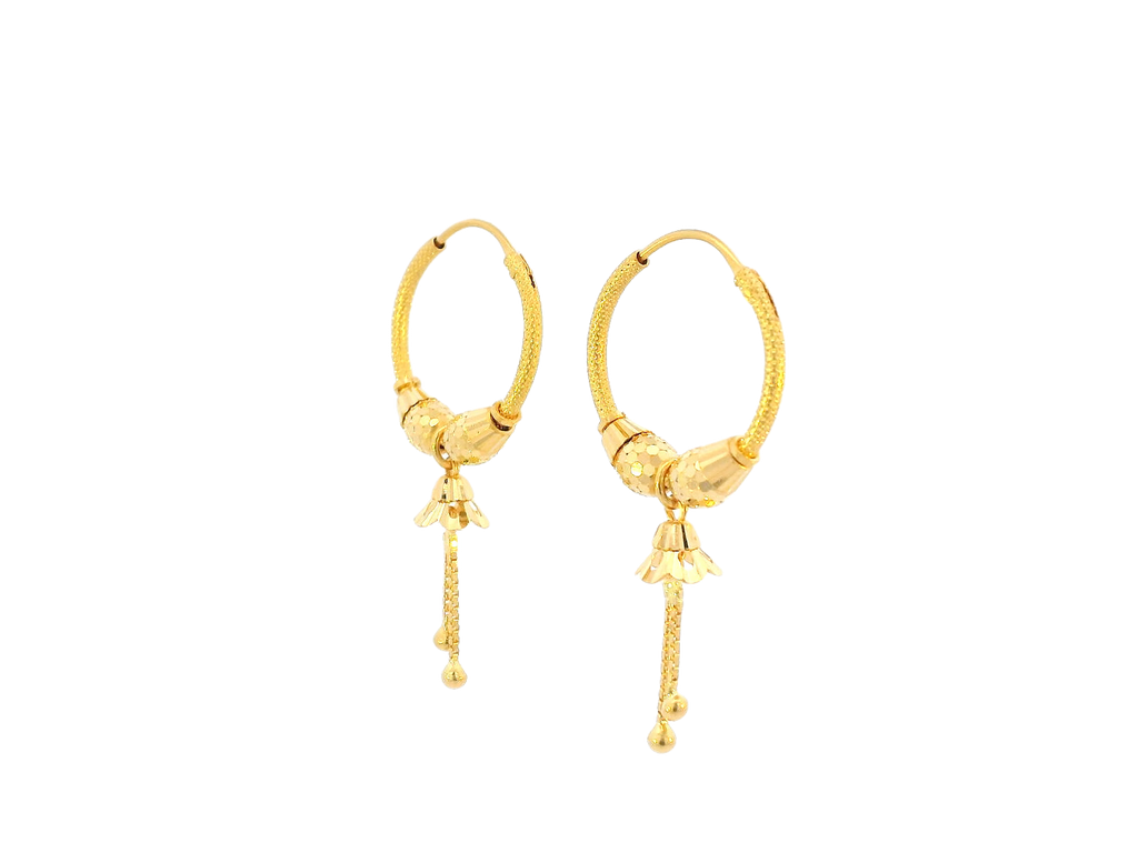 22K Yellow Gold Hoop Earrings with Floral Drop Charms