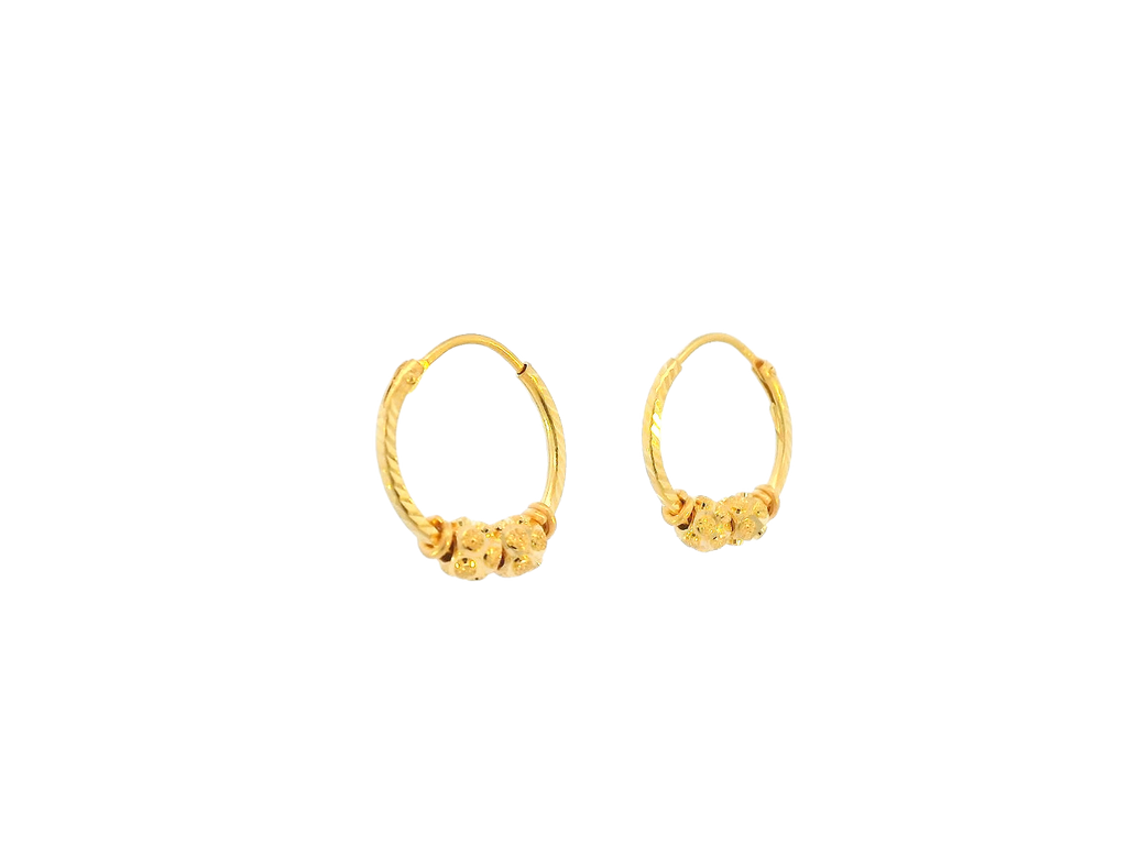 22K Yellow Gold Mini Hoop Earrings with Textured Floral Beads
