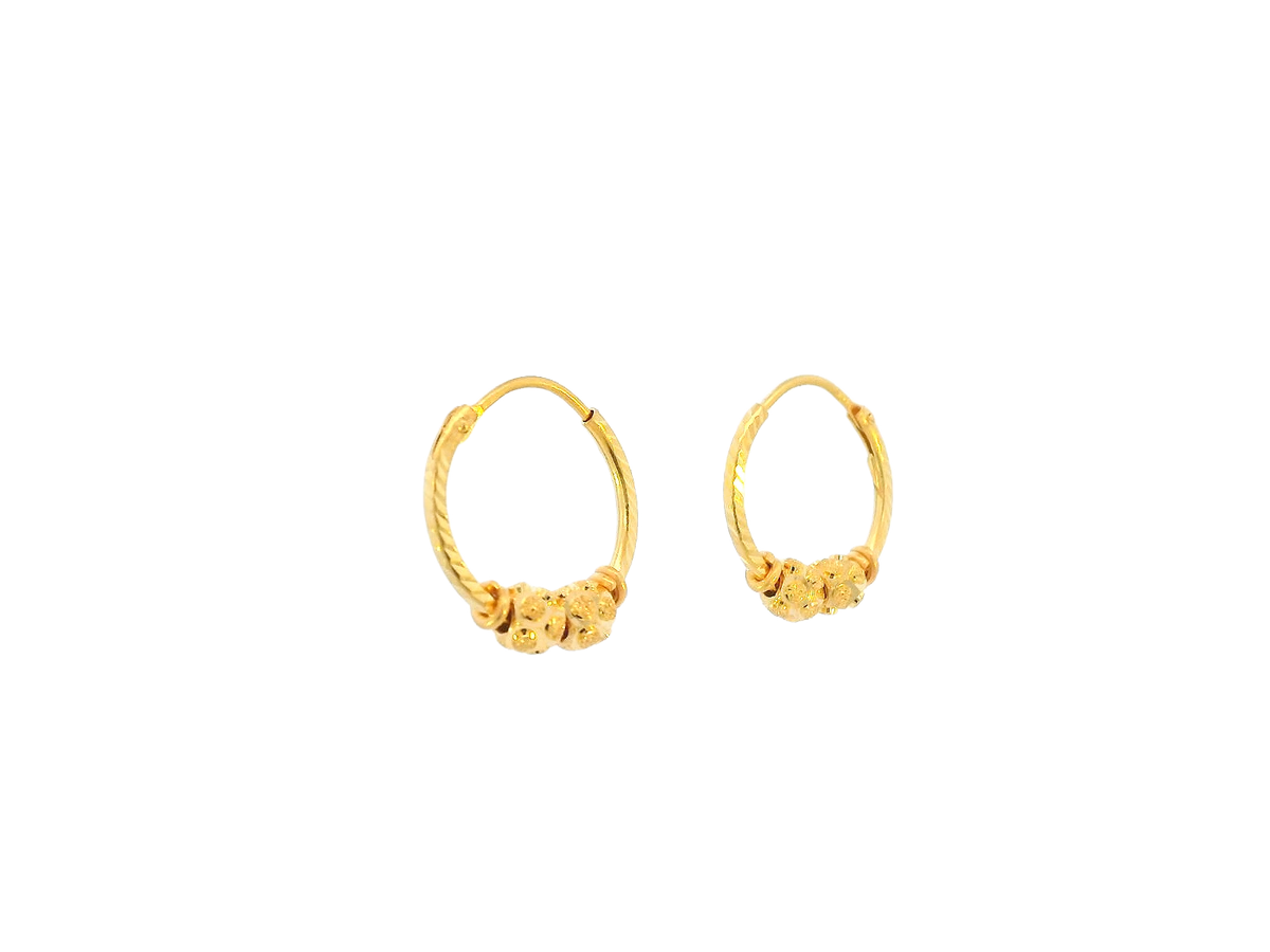22K Yellow Gold Mini Hoop Earrings with Textured Floral Beads