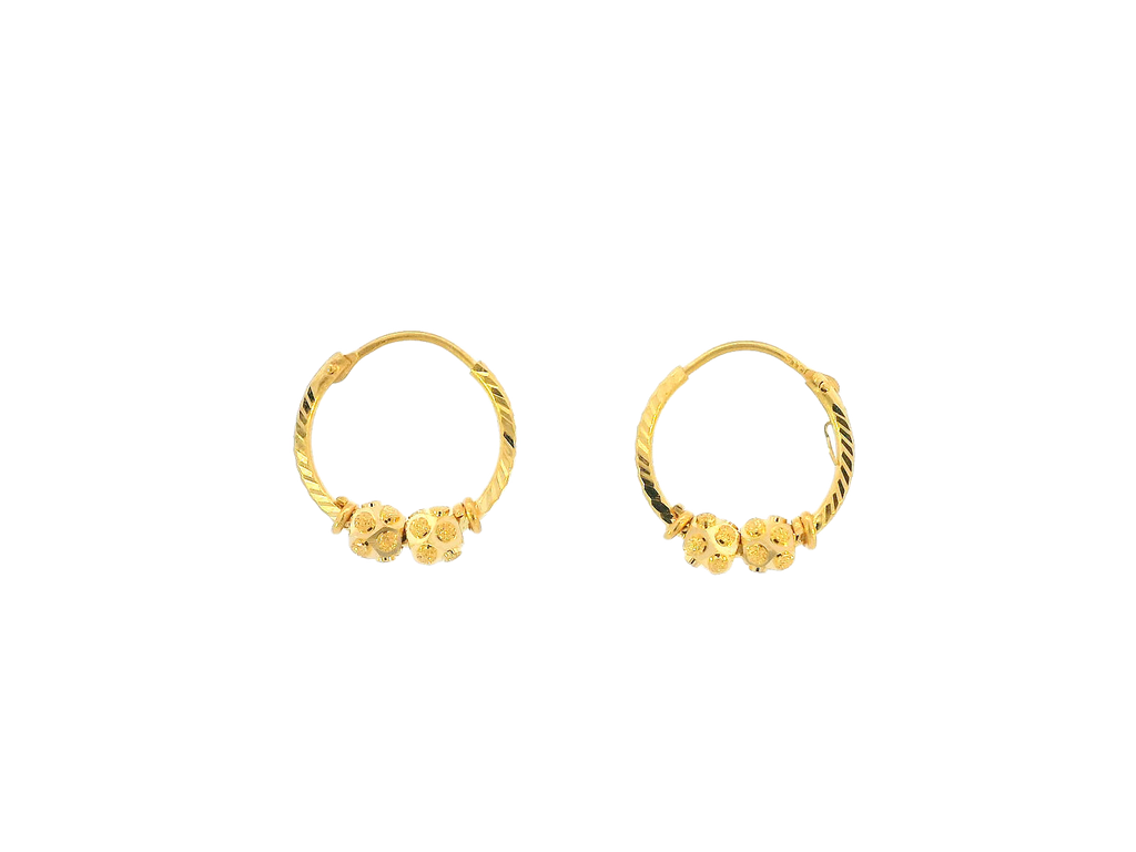 22K Yellow Gold Mini Hoop Earrings with Textured Floral Beads