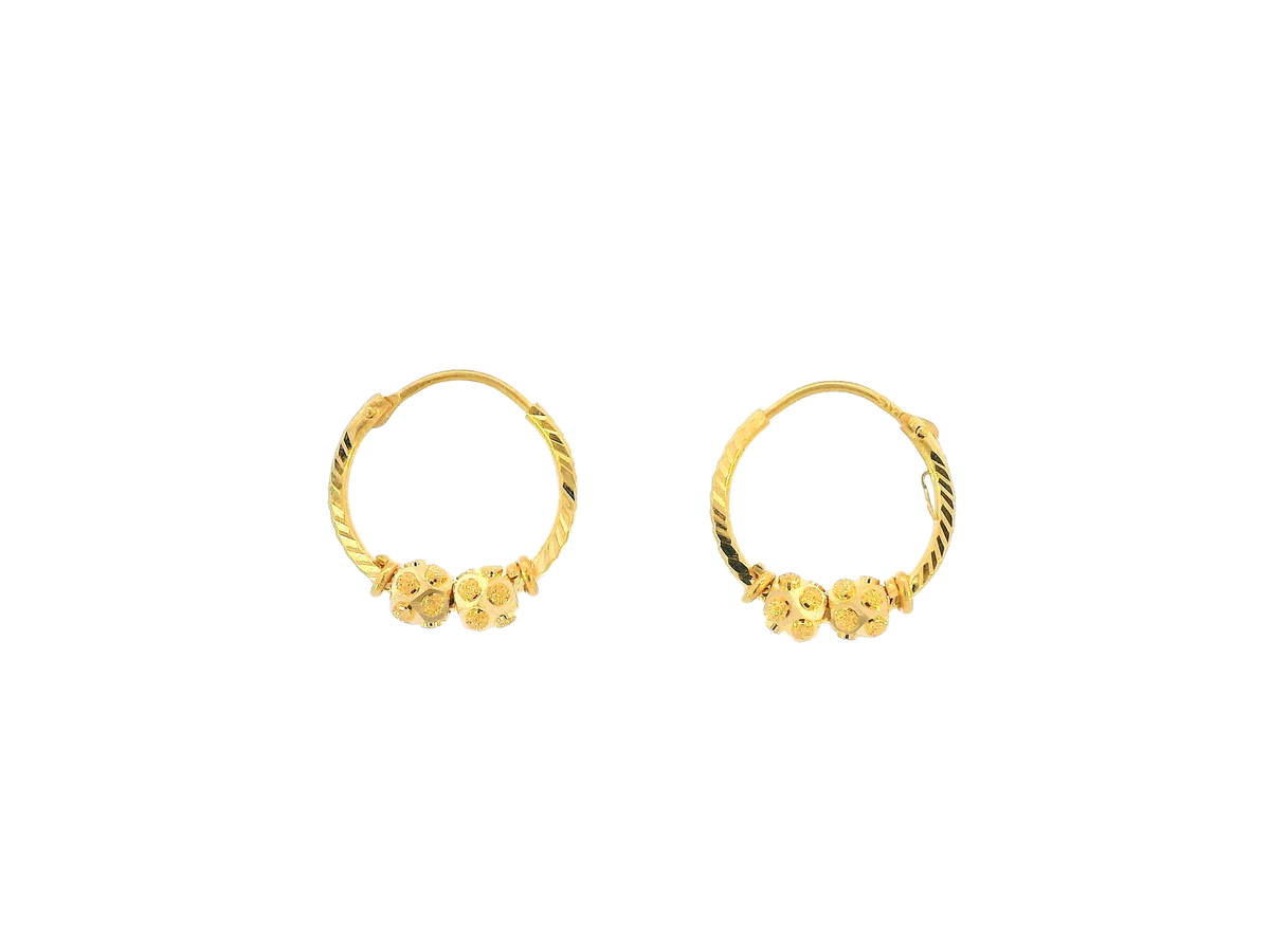 22K Yellow Gold Mini Hoop Earrings with Textured Floral Beads