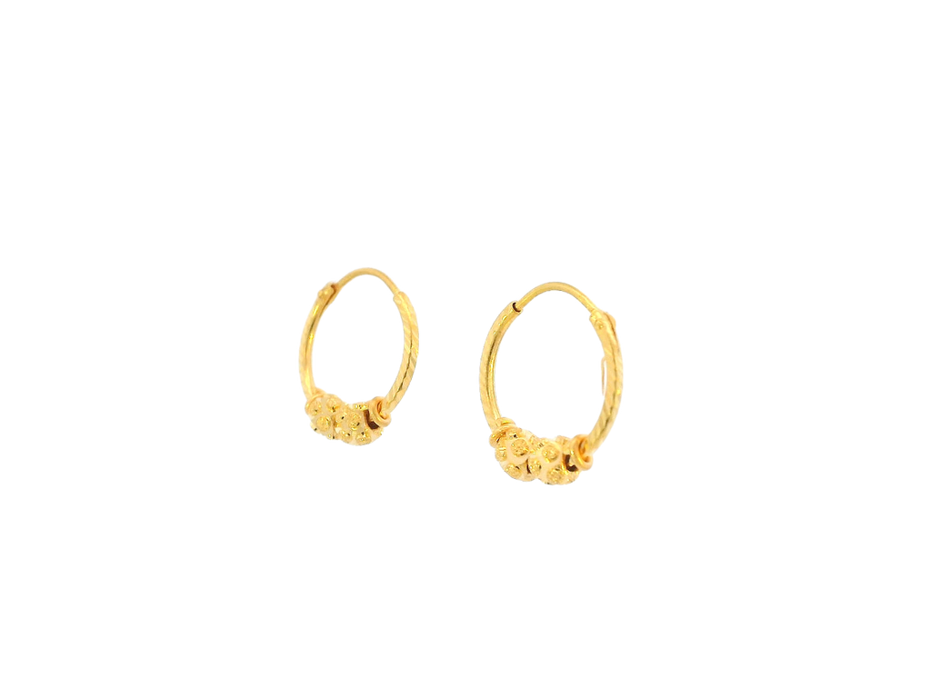 22K Yellow Gold Mini Hoop Earrings with Textured Floral Beads