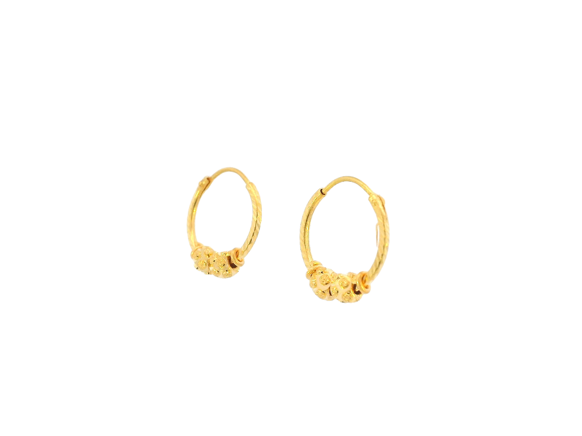 22K Yellow Gold Mini Hoop Earrings with Textured Floral Beads