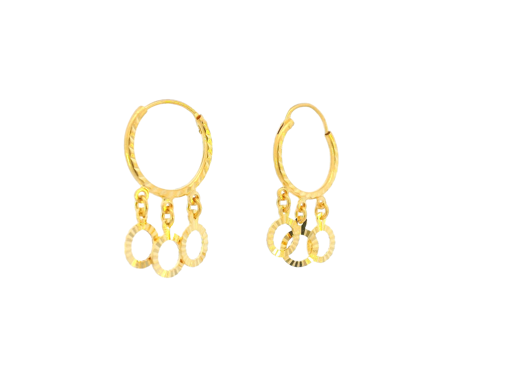 22K Yellow Gold Lightweight Hoop Earrings with Triple Dangle Rings