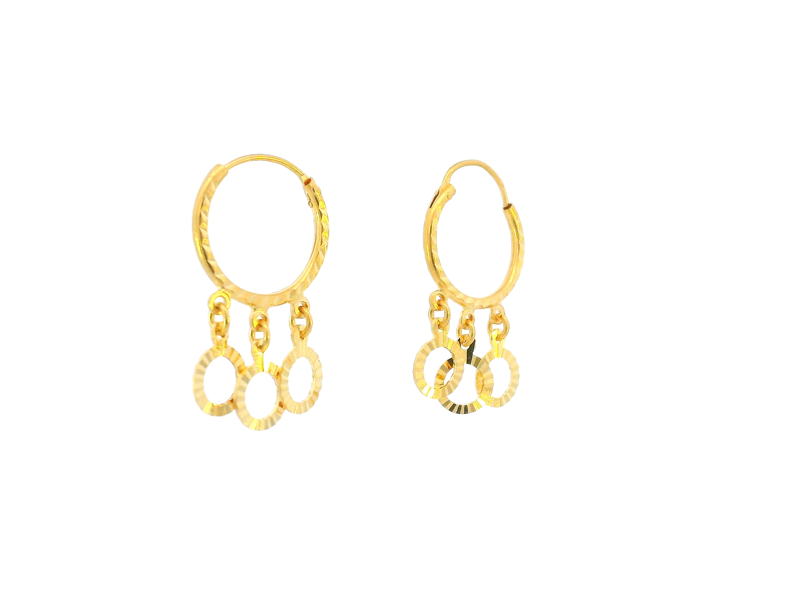 22K Yellow Gold Lightweight Hoop Earrings with Triple Dangle Rings