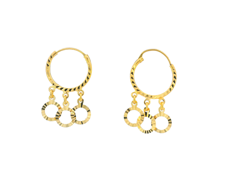22K Yellow Gold Lightweight Hoop Earrings with Triple Dangle Rings