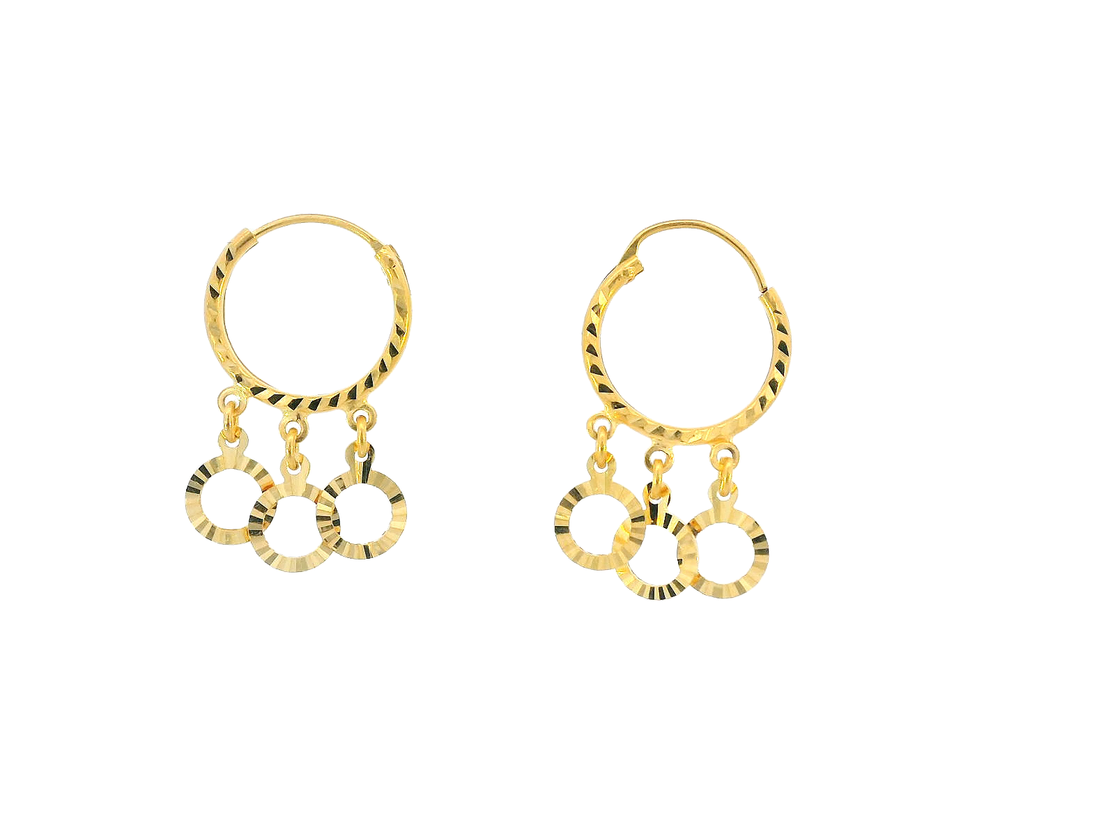 22K Yellow Gold Lightweight Hoop Earrings with Triple Dangle Rings