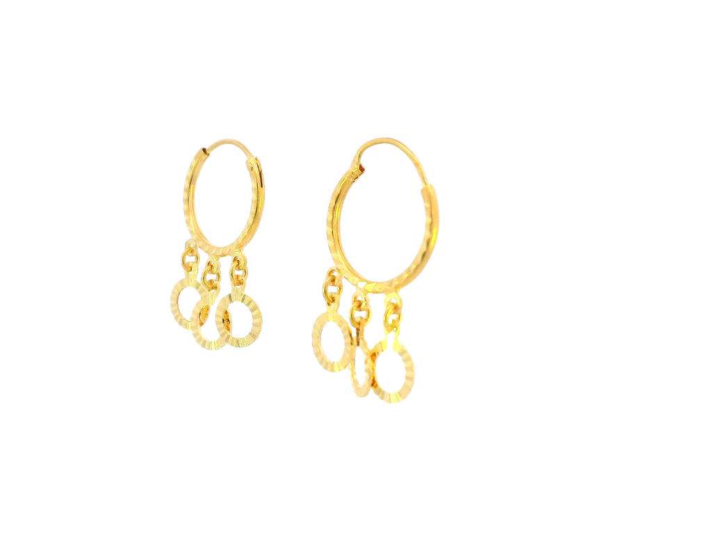 22K Yellow Gold Lightweight Hoop Earrings with Triple Dangle Rings
