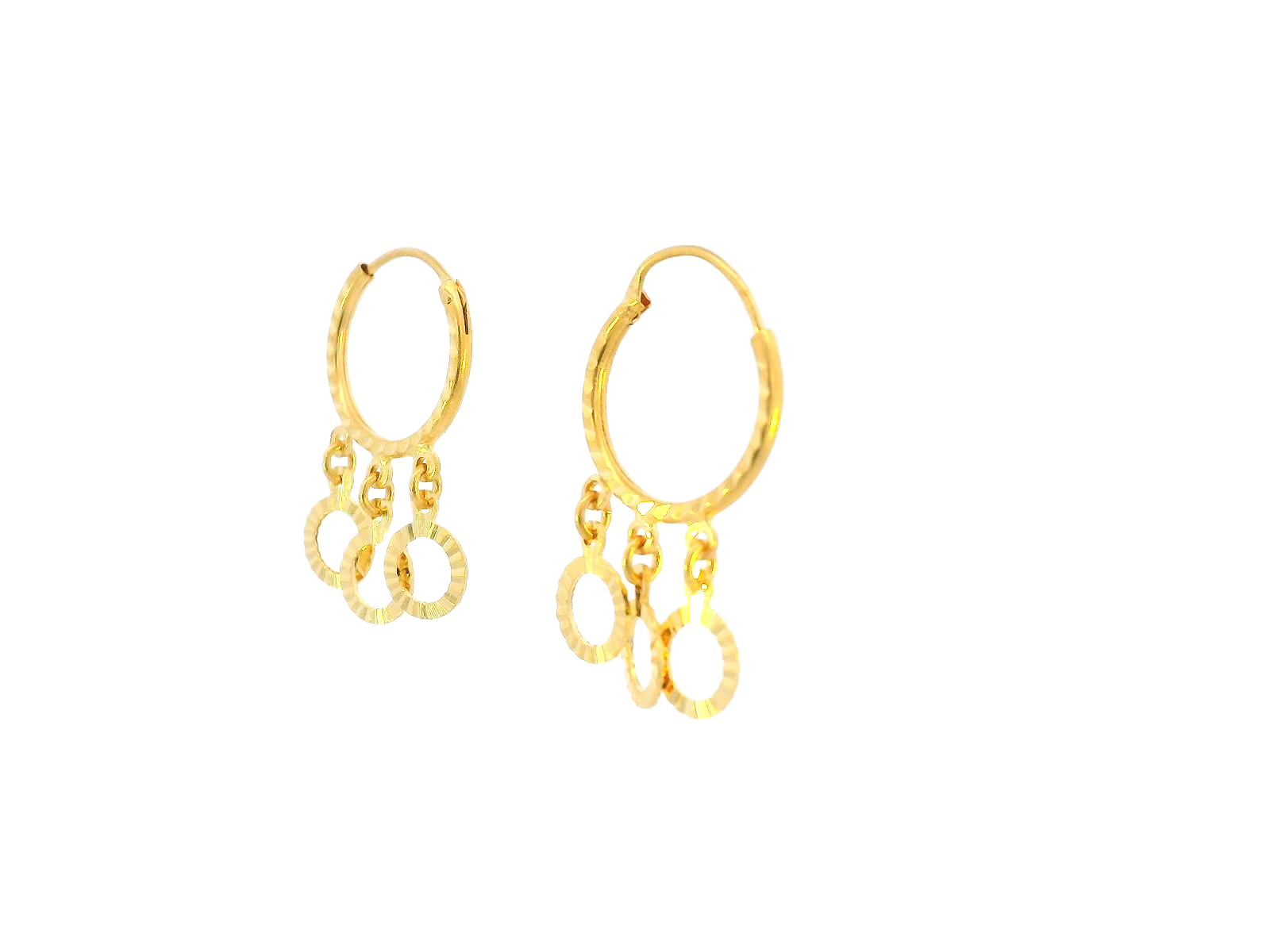 22K Yellow Gold Lightweight Hoop Earrings with Triple Dangle Rings