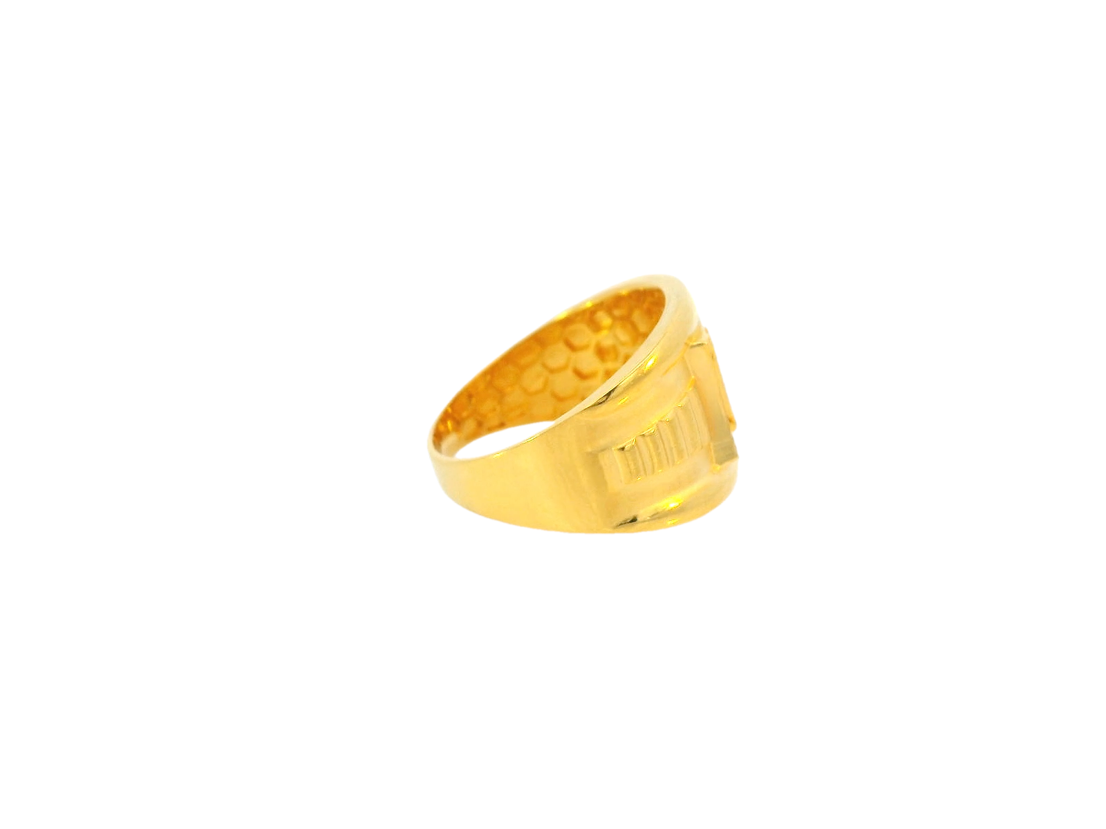 22K Yellow Gold Wide Band Ring with Engraved "B" and Cross Motif
