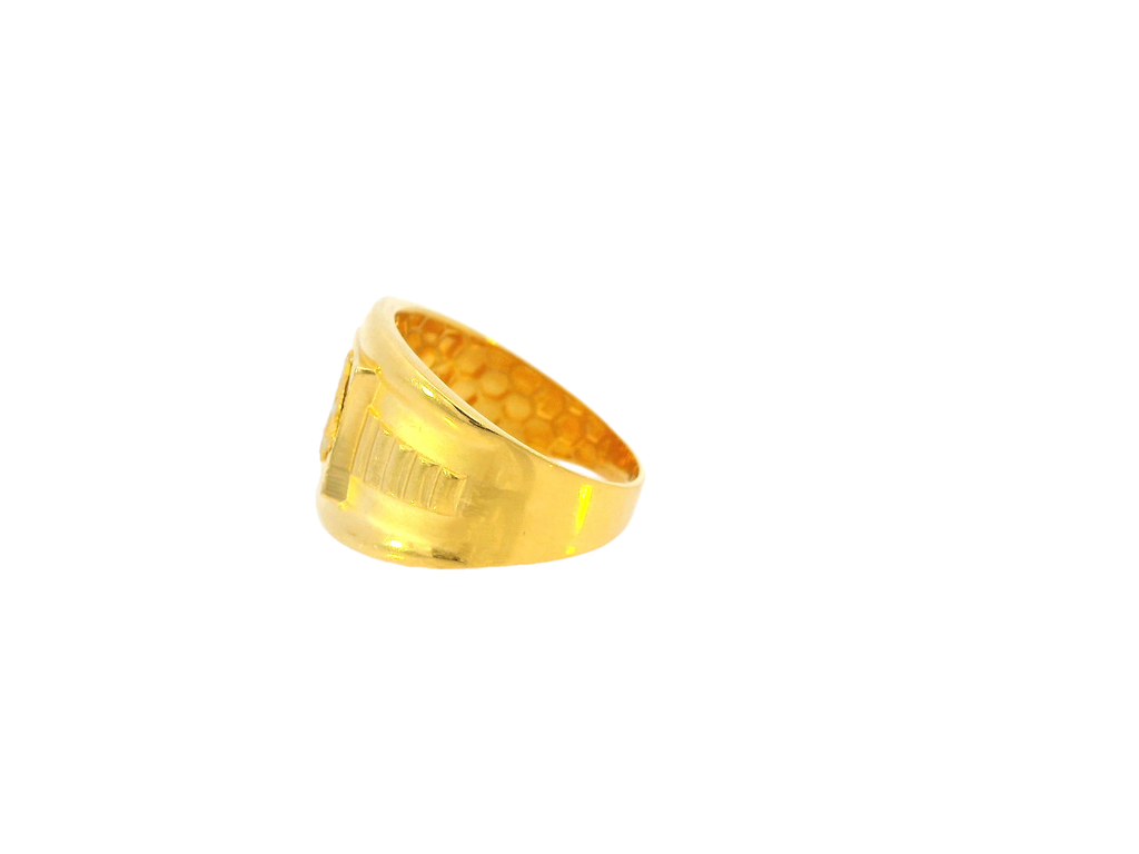 22K Yellow Gold Wide Band Ring with Engraved "B" and Cross Motif