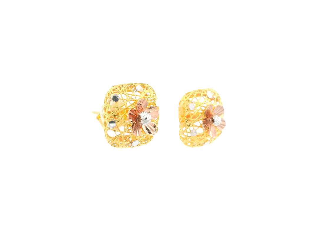 22K Tri-Color Gold Stud Earrings – Yellow, White &amp; Rose Gold
