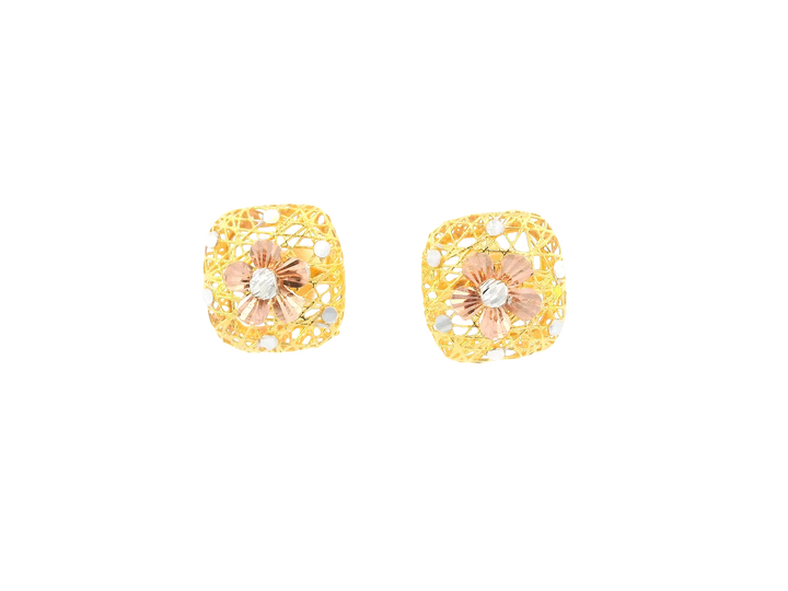22K Tri-Color Gold Stud Earrings – Yellow, White &amp; Rose Gold