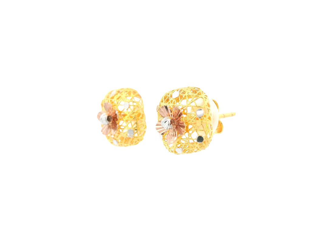 22K Tri-Color Gold Stud Earrings – Yellow, White &amp; Rose Gold