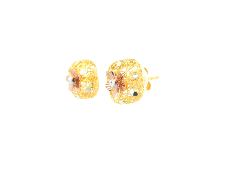 22K Tri-Color Gold Stud Earrings – Yellow, White &amp; Rose Gold