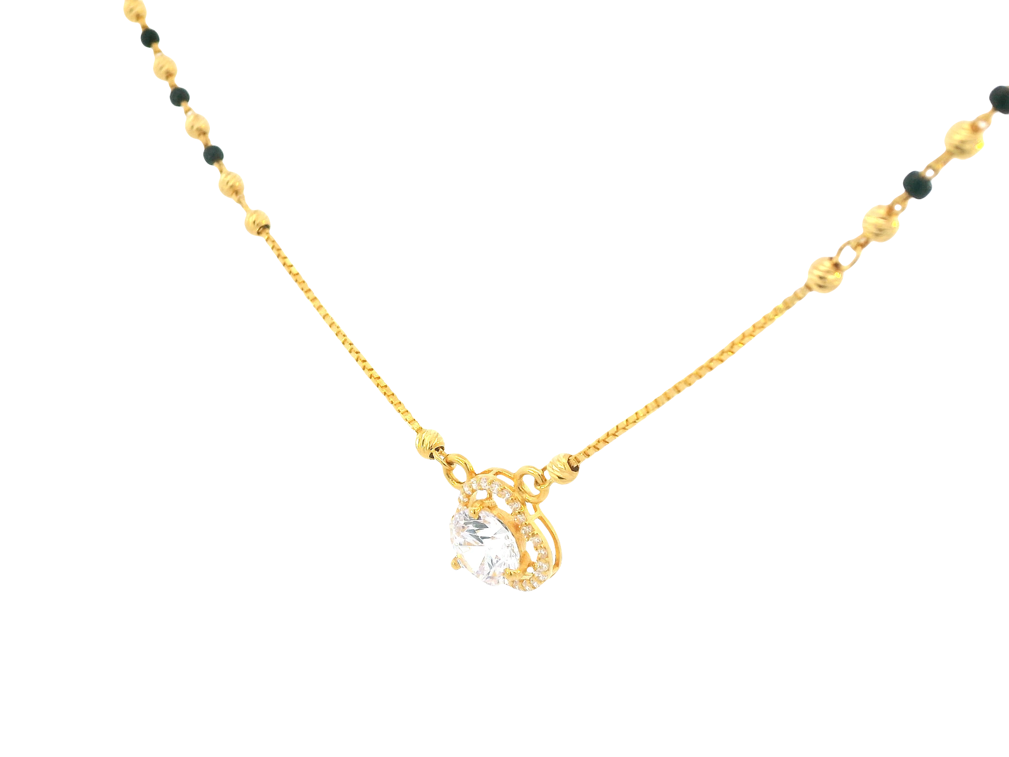 22K Yellow Gold Mangalsutra – Black Beads &amp; Cubic Zirconia