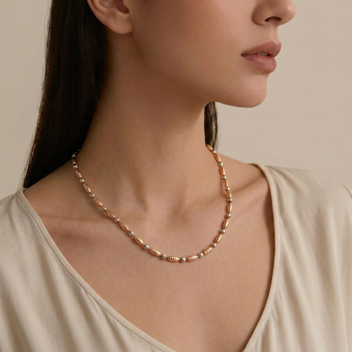 22K Rose + White Gold Necklace with Barrel Link Detailing