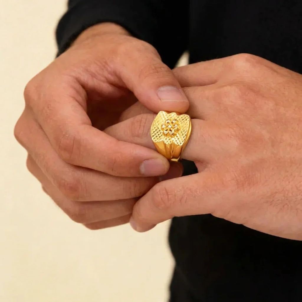 22K Yellow Gold Ring with Diamond-Cut Textured Design