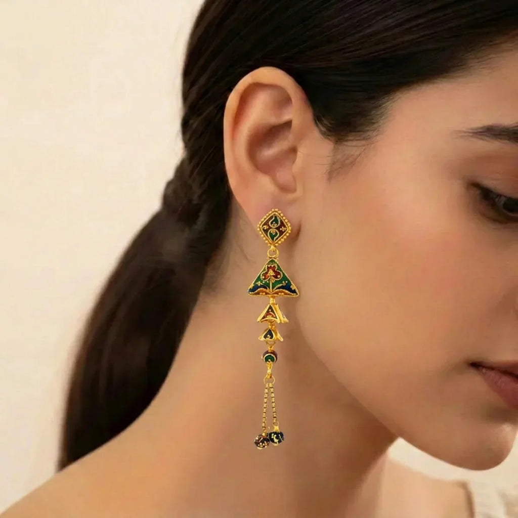 22K Yellow Gold Meenakari Long Earrings | Traditional Designer Drops