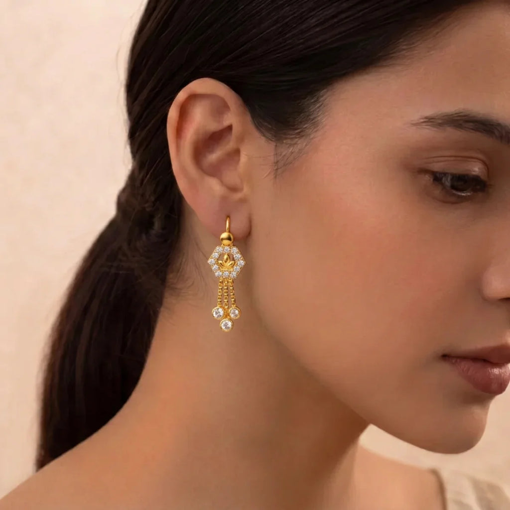 22k Gold Hexagonal Hanging Earrings with Cubic Zirconia