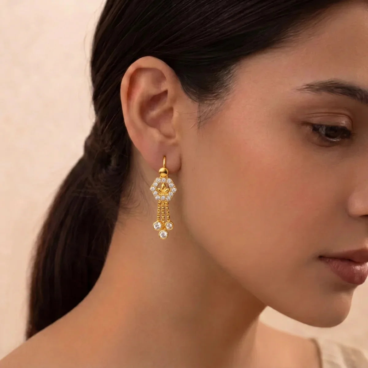 22k Gold Hexagonal Hanging Earrings with Cubic Zirconia