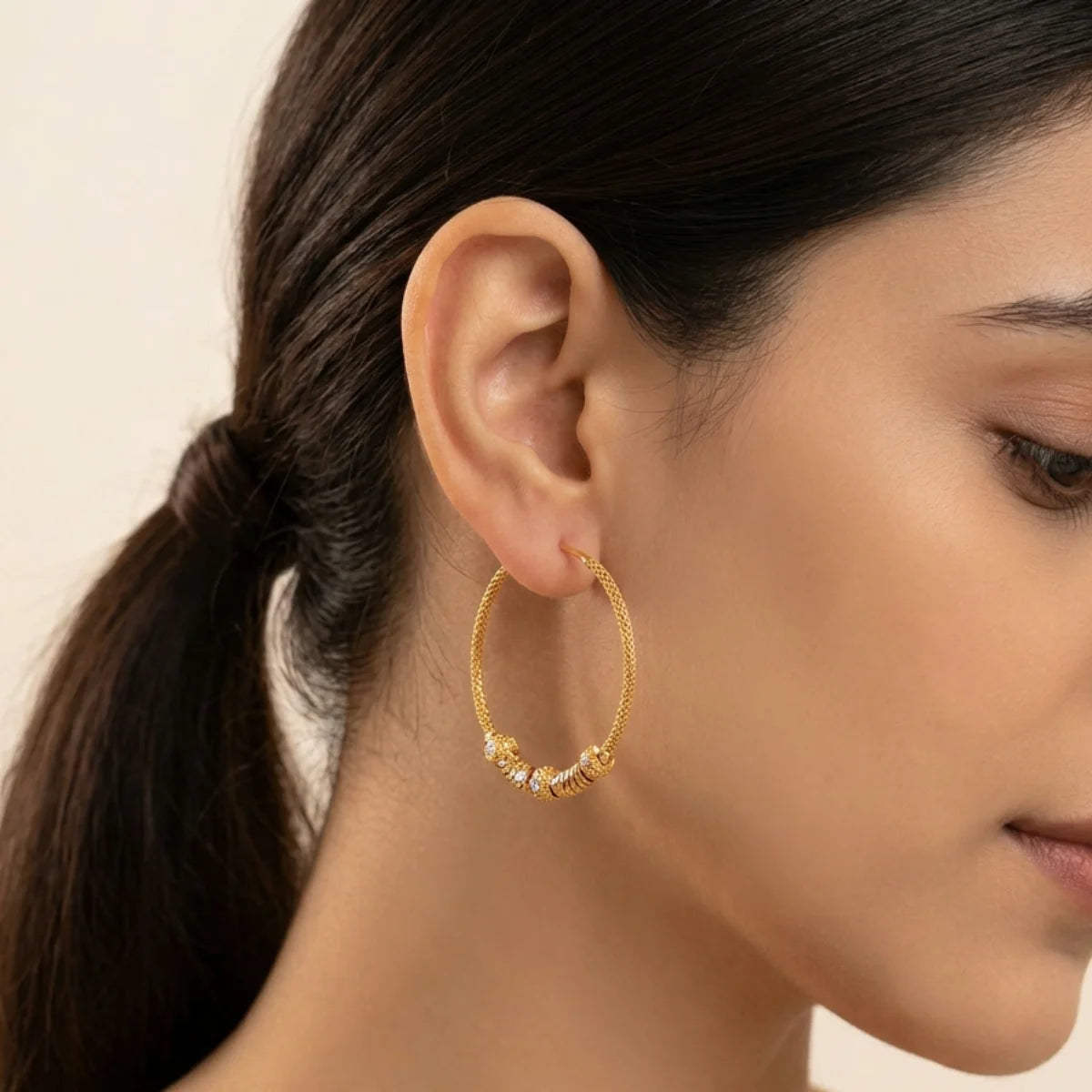 22K Yellow Gold Hoop Earrings with Intricate Detailing