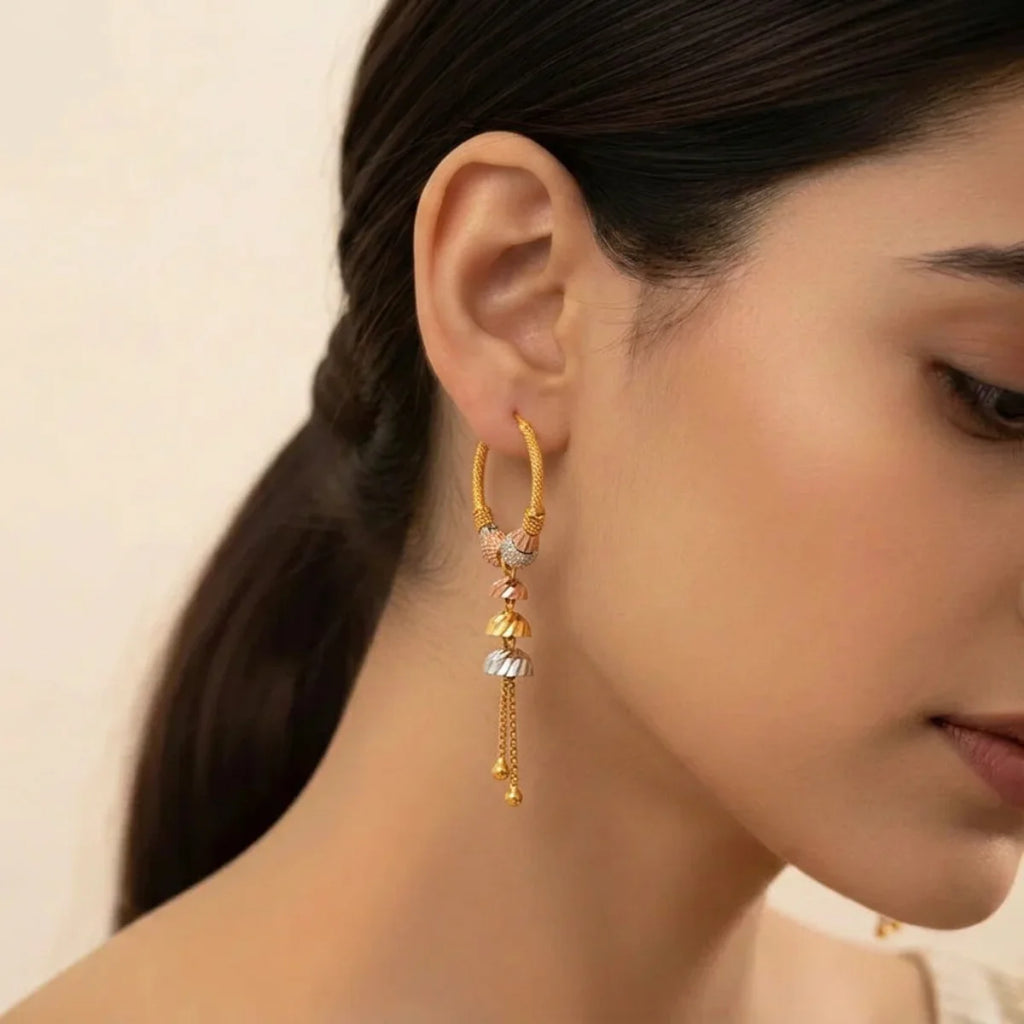 Elegant 22K Tri-Color Gold Hoop Earrings with Hanging Charms