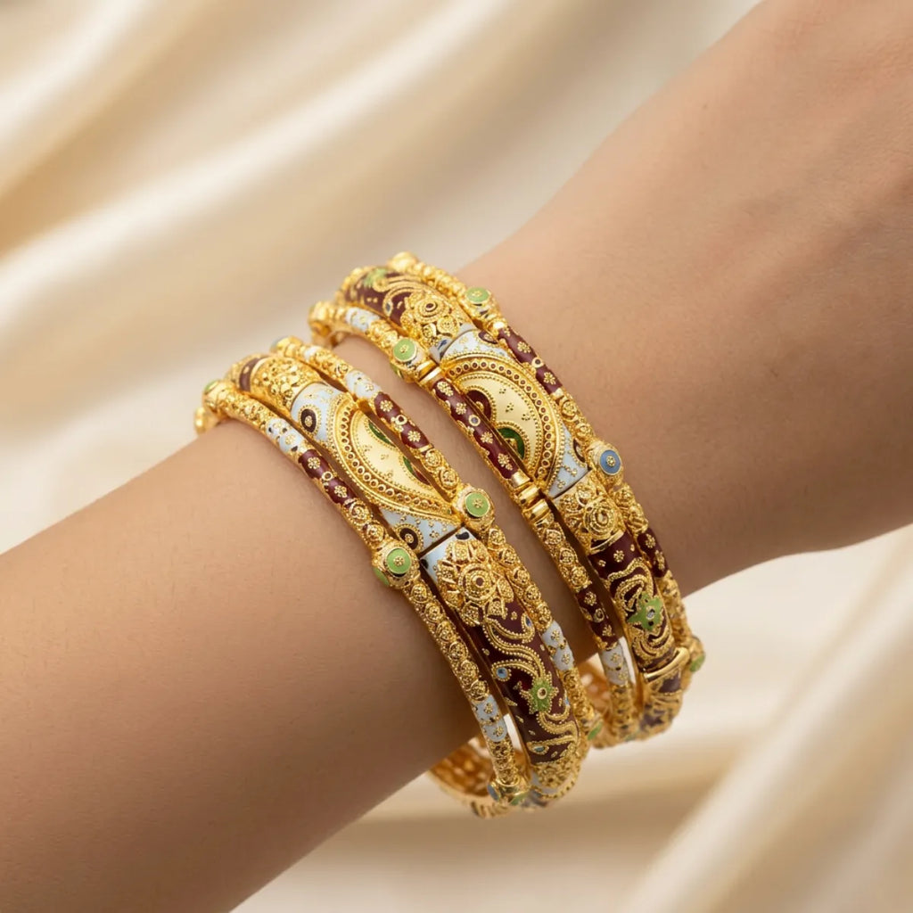22K Yellow Gold Meenakari Screw Bangles – 103.9g (Set of 2)