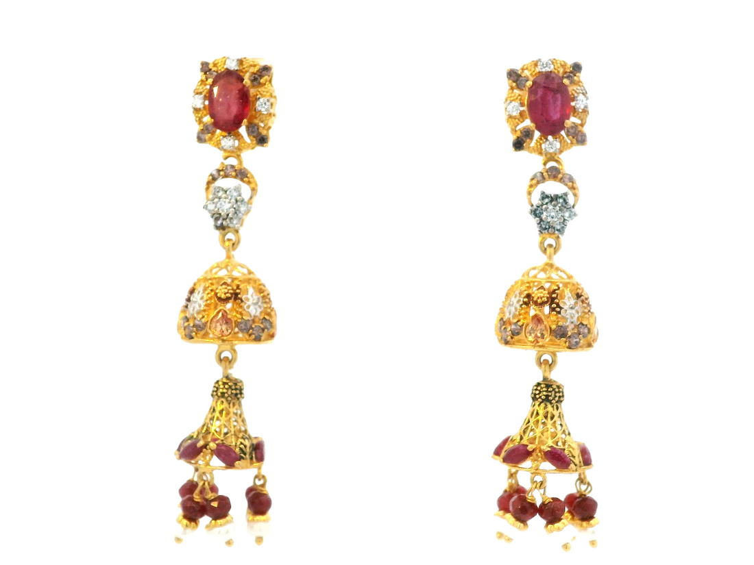 22K Yellow Gold Ruby, Cubic Zirconia, and Pearl Hanging Earrings