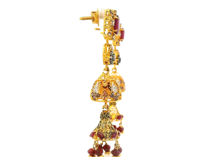 22K Yellow Gold Ruby, Cubic Zirconia, and Pearl Hanging Earrings