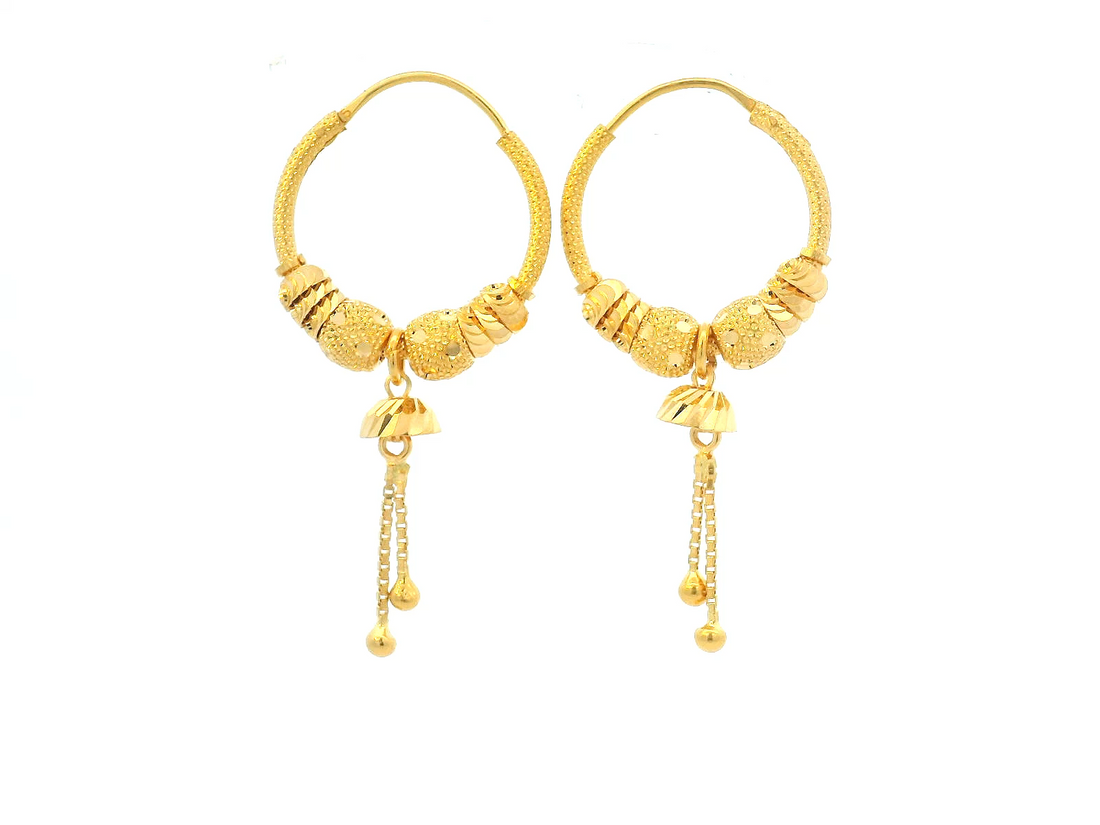 22K Yellow Gold Bali Hoop Earrings with Hanging Charms