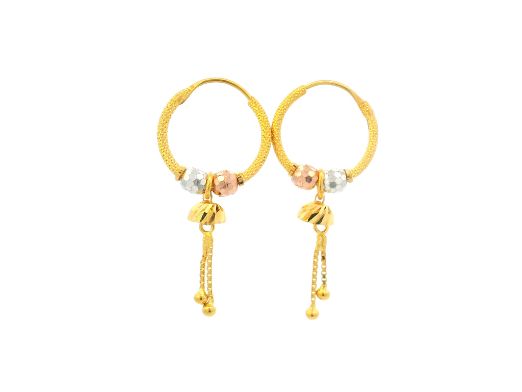 22K Gold Multi-Tone Bali Hoop Earrings with Hanging Charms