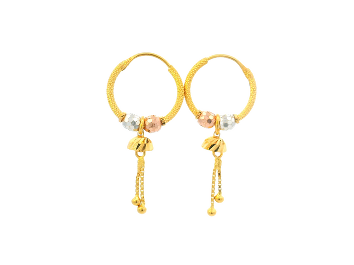 22K Gold Multi-Tone Bali Hoop Earrings with Hanging Charms