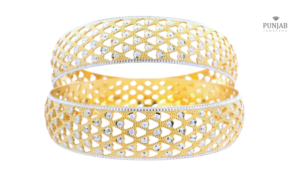 22K Yellow and White Gold Bangles with Openwork Design (Set of 2)